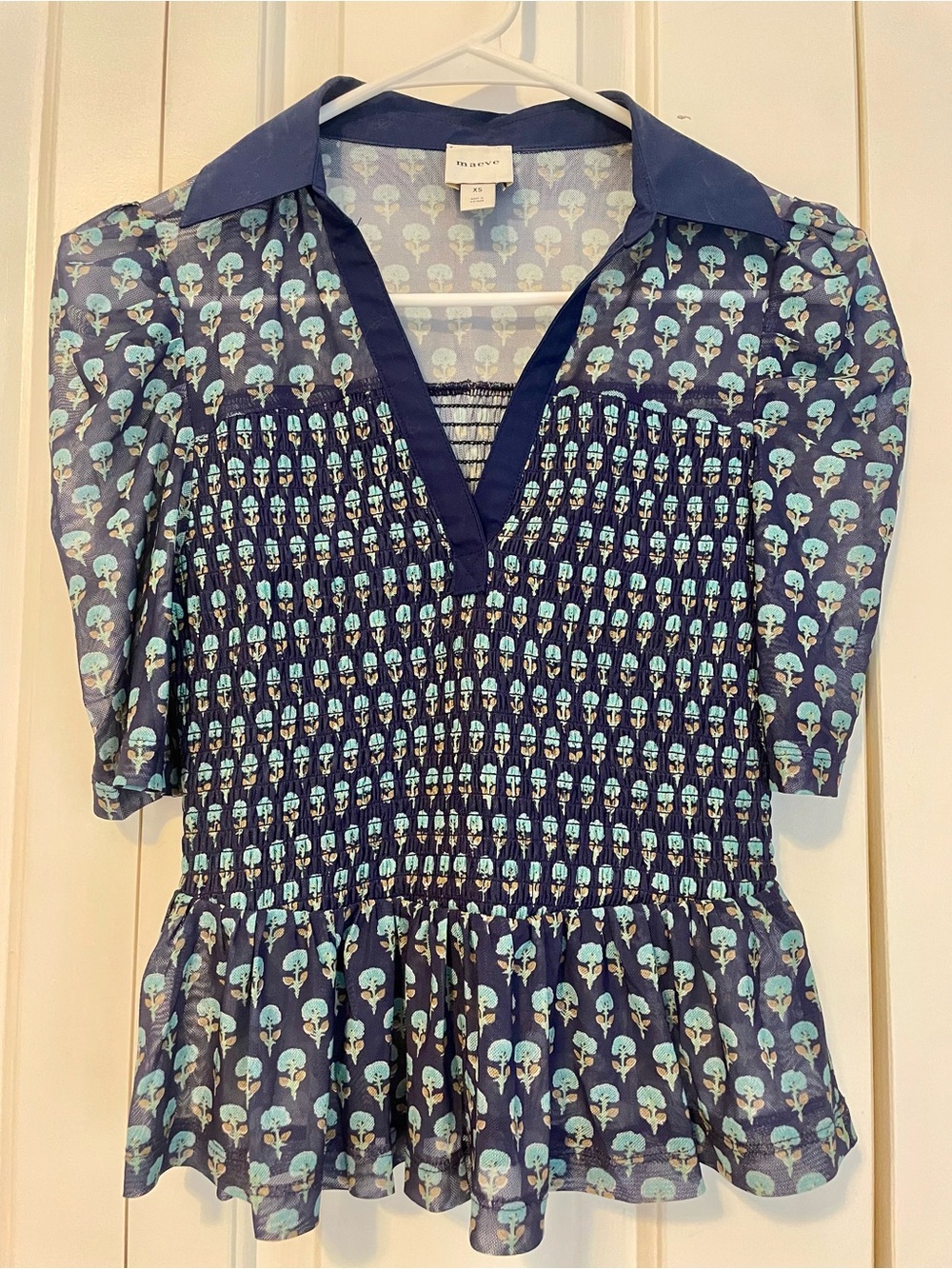 Maeve Navy Floral Smocked Peplum Button-Down Top